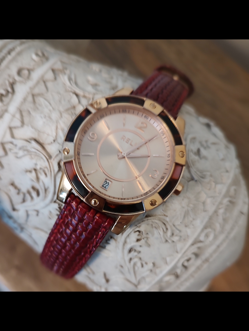 Relic Gold-Tone Watch with Burgundy Strap